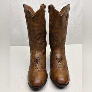 Paris Blues Arabelle Brown Embossed Butterfly Cowboy Boots, size 4 big girl
